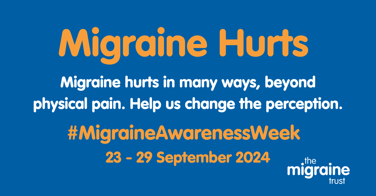 Migraine Hurts. Migraine hurts in may ways, beyond physical pain. Help us change the perception. #MigraineAwarenessWeek 23- 29 September 2024. The Migraine trust poster.