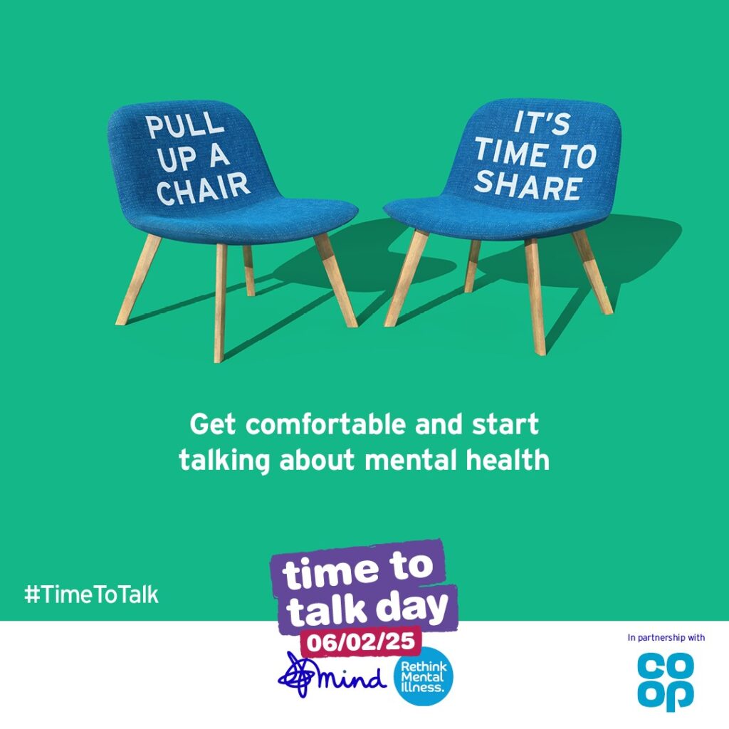 Pull up a chair it's time to share. Get comfortable and start talking about mental health. Time to talk day 06.02.2025. #TimeToTalk. Poster